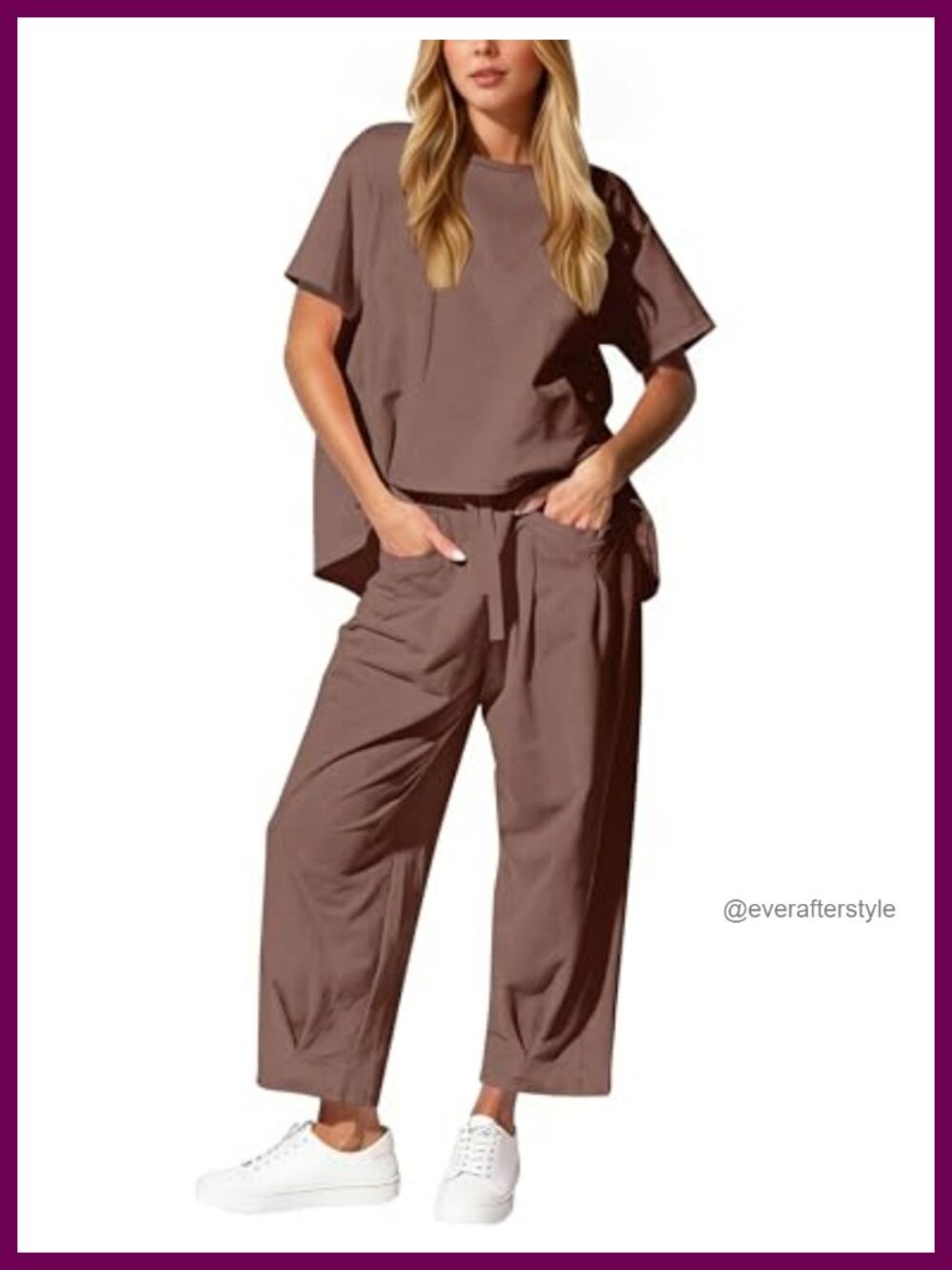 Women 2 Piece Travel Lounge Set Short Sleeve Top Wide Leg Barrel Pants